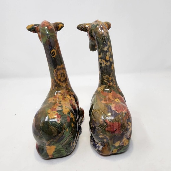 Giraffe Floral Patchwork Glazed Ceramic Figurines Set of 2 7" Sitting Figure - Picture 2 of 5